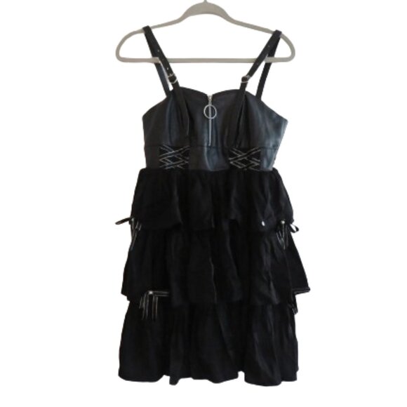 Lolita Dresses & Skirts - LOLITA Whimsigoth Black Tiered Ruffled Faux Leather Smocked Dress